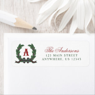 Watercolor Plaid Tartan Laurel Wreath Monogram Return Address Label