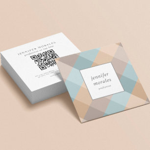 Watercolor Plaid Teal Brown Tan Aqua QR CODE Square Business Card