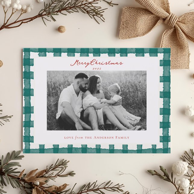Watercolor Plaid Two Sided Family Photo Christmas Holiday Card (Creator Uploaded)