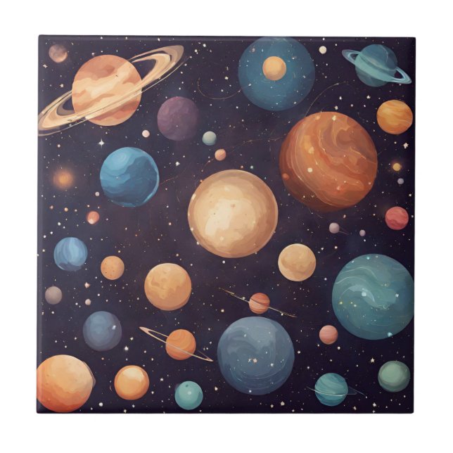 Watercolor Planets in the Galaxy  Ceramic Tile (Front)