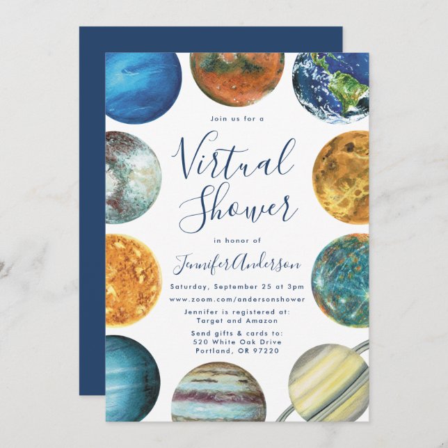Watercolor Planets Virtual Baby Shower Invitation (Front/Back)
