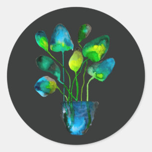 Watercolor plant art green and blue abstract classic round sticker
