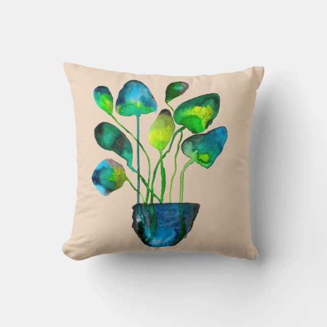 Watercolor plant art green and blue abstract cushion (Front)