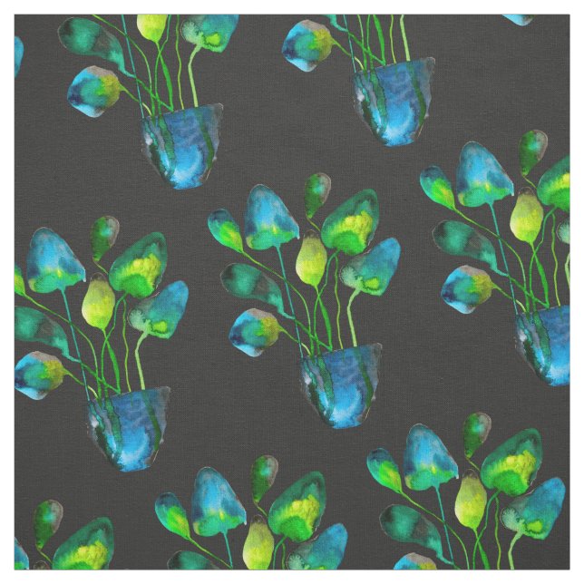 Watercolor plant art green and blue abstract fabric (Swatch)