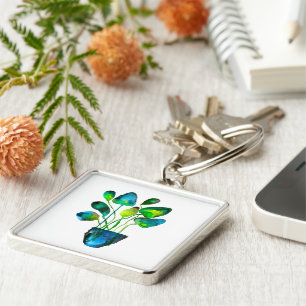 Watercolor plant art green and blue abstract key ring