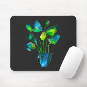 Watercolor plant art green and blue abstract mouse pad