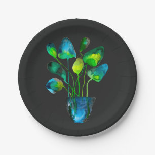 Watercolor plant art green and blue abstract paper plate