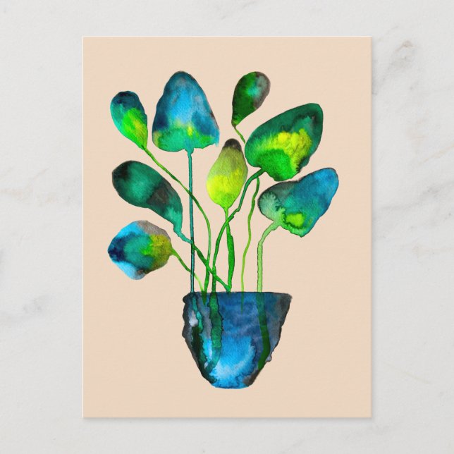 Watercolor plant art green and blue abstract postcard (Front)