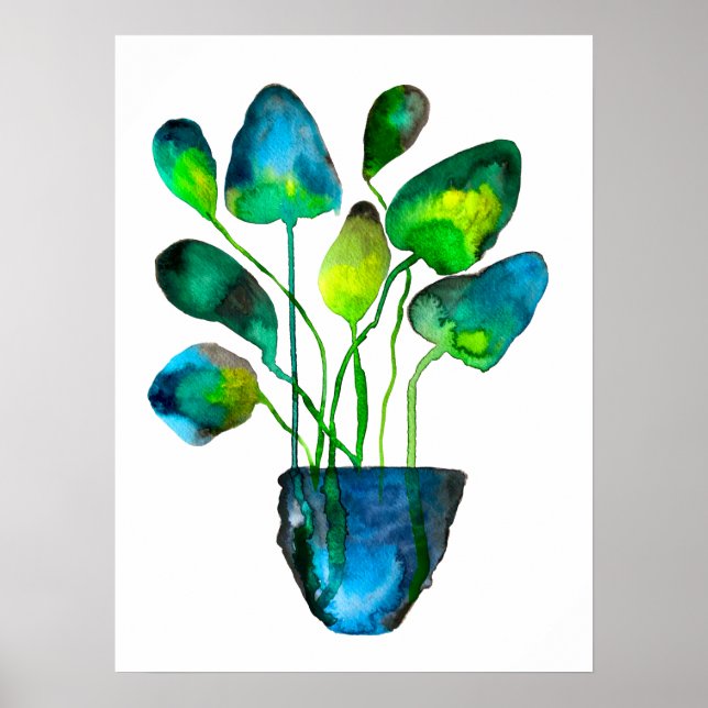 Watercolor plant art green and blue abstract poster (Front)