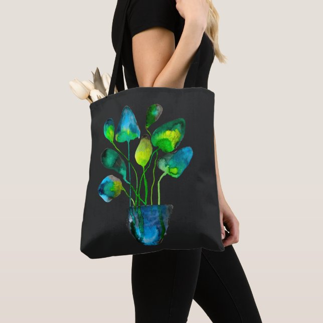 Watercolor plant art green and blue abstract tote bag (Close Up)