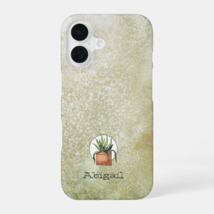 Watercolor Plant & Grunge Background With Name iPhone 16 Case