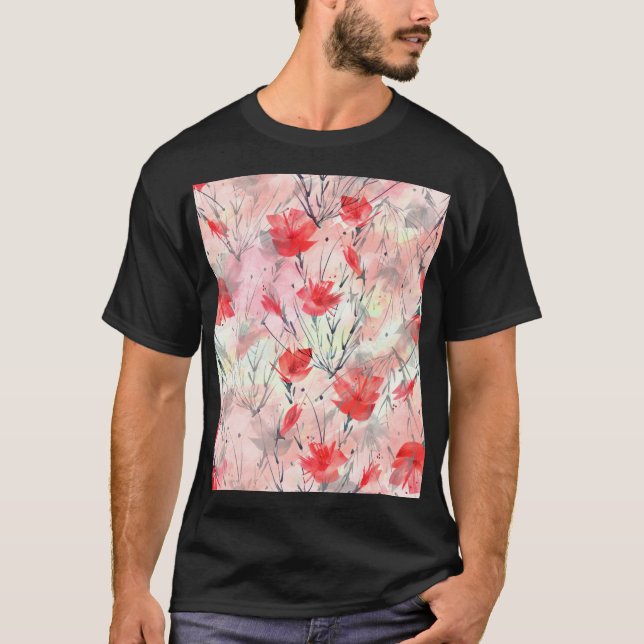 Watercolor Plants Herbs Flowers Pattern T-Shirt (Front)