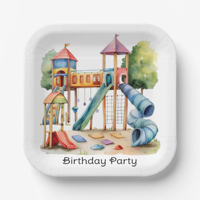Watercolor Playground Park Kid's Birthday Party Paper Plate (Front)