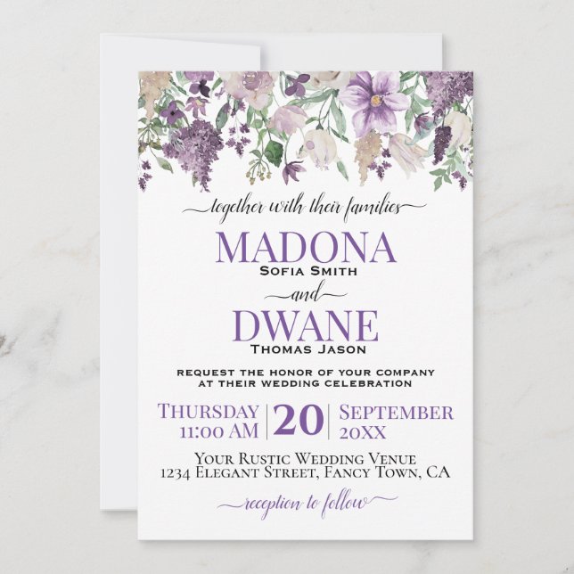 Watercolor Plum and Lilac Flowers Invitation (Front)