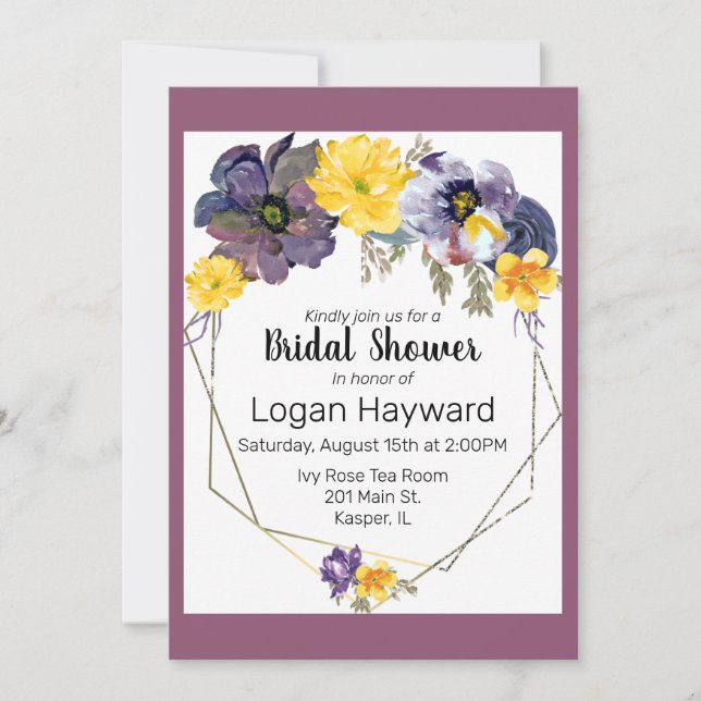 Watercolor Plum Grey Yellow Floral Gold Frame Invitation (Front)