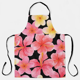 Watercolor Plumeria Hibiscus Flowers Pattern Apron