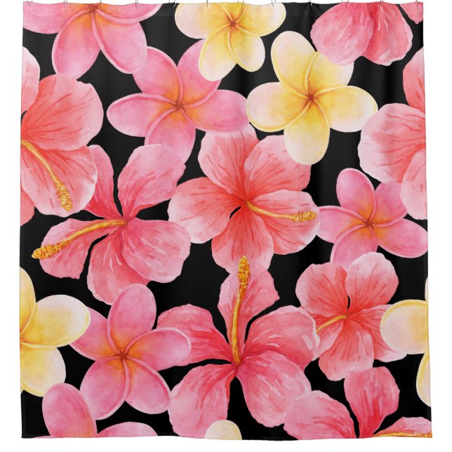 Watercolor Plumeria Hibiscus Flowers Pattern Shower Curtain (Front)