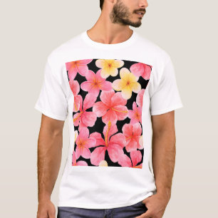 Watercolor Plumeria Hibiscus Flowers Pattern T-Shirt