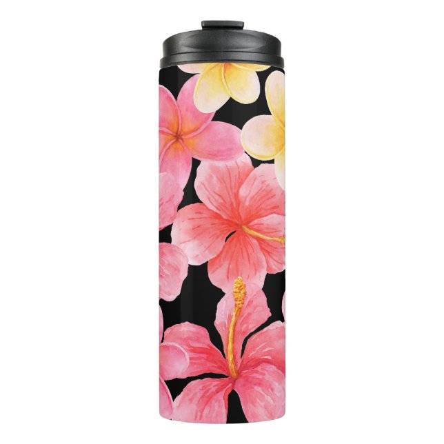 Watercolor Plumeria Hibiscus Flowers Pattern Thermal Tumbler (Front)