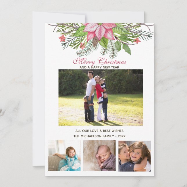 Watercolor Poinsettia 4 Collage Multi-Photo Card (Front)