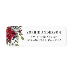 Watercolor Poinsettia and Fir Leaves Holiday Return Address Label