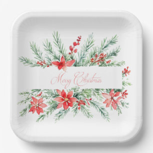 Watercolor poinsettia and greenery Christmas Paper Plate