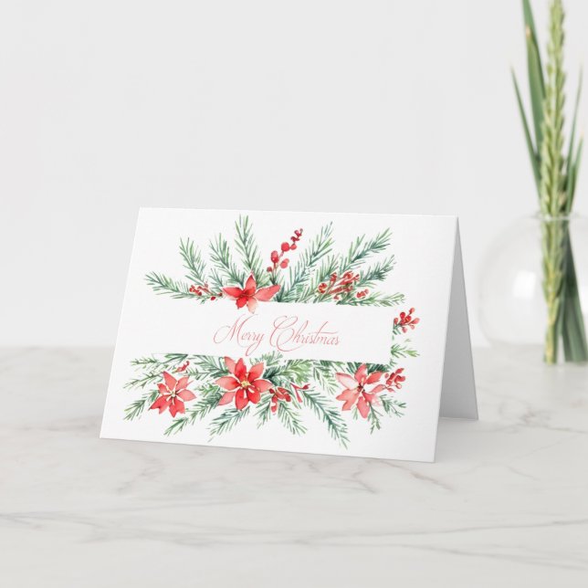 Watercolor poinsettia and greenery  holiday card (Front)