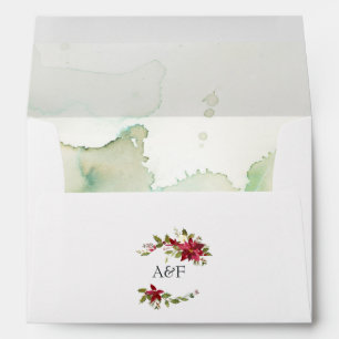 Watercolor Poinsettia and Holly Christmas Wedding Envelope