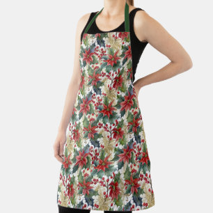 Watercolor poinsettia and holly pattern Christmas Apron