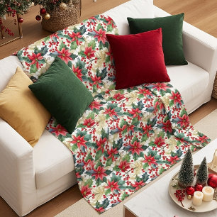 Watercolor poinsettia and holly pattern Christmas Fleece Blanket