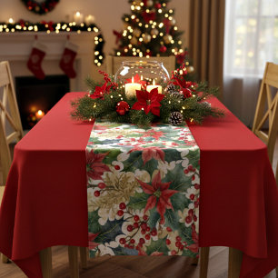 Watercolor poinsettia and holly pattern Christmas Medium Table Runner