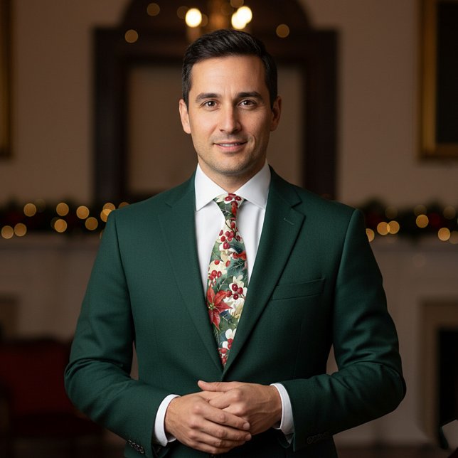 Watercolor poinsettia and holly pattern Christmas Tie (Creator Uploaded)