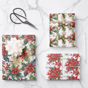 Watercolor poinsettia and holly pattern Christmas Wrapping Paper Sheet