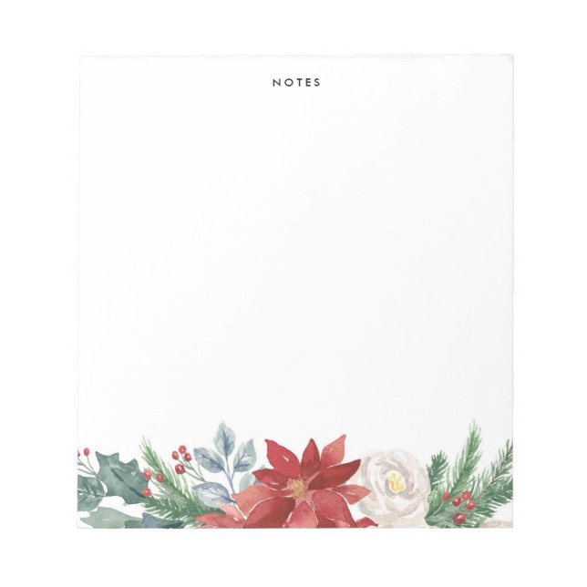 Watercolor Poinsettia and Pine Needles Holiday Notepad (Front)