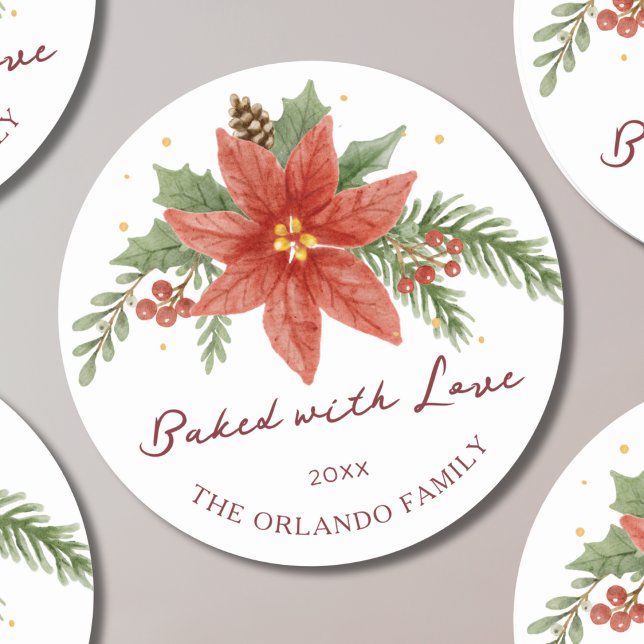 Watercolor Poinsettia Baked with Love Baking Classic Round Sticker (Creator Uploaded)