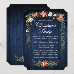 Watercolor Poinsettia Blue Wood Christmas Party Invitation