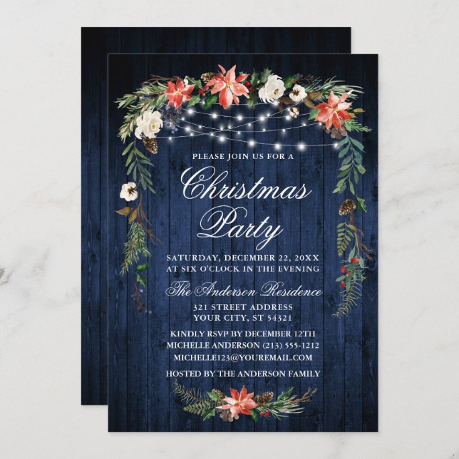 Watercolor Poinsettia Blue Wood Lights Christmas Invitation (Front/Back)