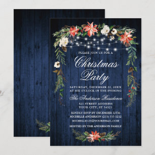 Watercolor Poinsettia Blue Wood Lights Christmas Invitation