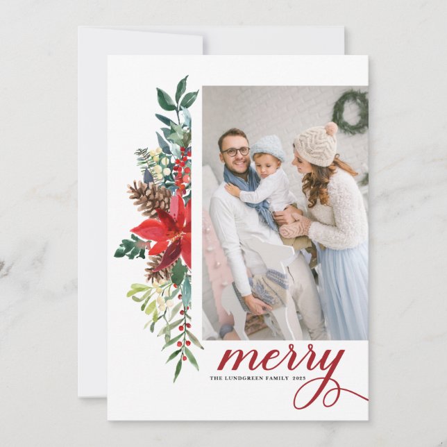 Watercolor Poinsettia Botanical Christmas Photo Holiday Card (Front)