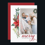 Watercolor Poinsettia Botanical Merry Christmas Holiday Card<br><div class="desc">Merry and bright! Celebrate Christmas with this watercolor photo Christmas flat card. It features watercolor floral garland of red poinsettias,  pinecones,  berries and greenery. Personalise by adding photos,  names and messages. This botanical Christmas photo card is available in other cardstock.</div>