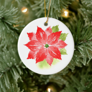 Watercolor Poinsettia Ceramic Ornament