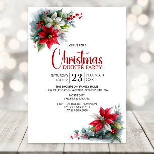 Watercolor Poinsettia Christmas Dinner Party Invitation