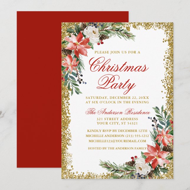 Watercolor Poinsettia Christmas Party Glitter Red Invitation (Front/Back)