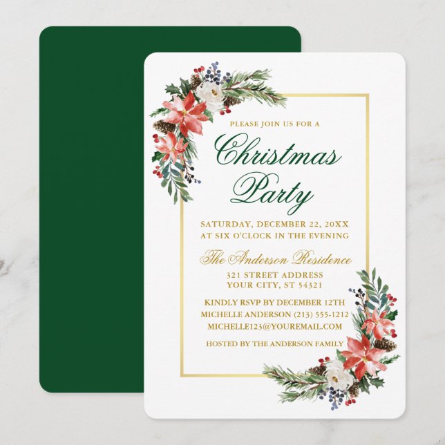 Watercolor Poinsettia Christmas Party Gold Green Invitation (Front/Back)