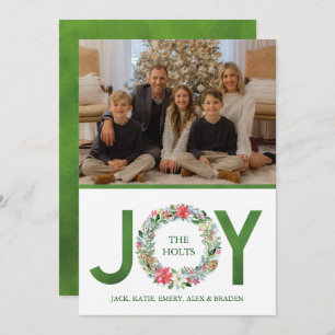 Watercolor Poinsettia Christmas Wreath Joy Holiday Card