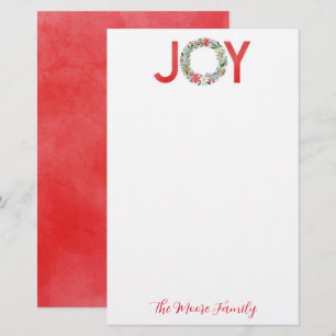 Watercolor Poinsettia Christmas Wreath Joy Stationery