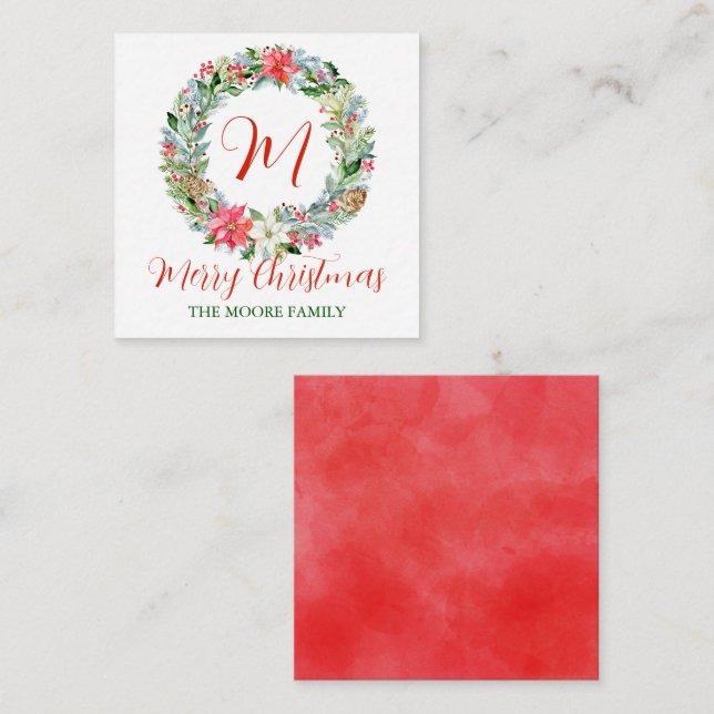 Watercolor Poinsettia Christmas Wreath Monogram Card (Front/Back)