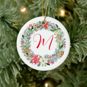 Watercolor Poinsettia Christmas Wreath Monogram Ceramic Ornament