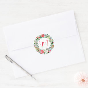 Watercolor Poinsettia Christmas Wreath Monogram Classic Round Sticker