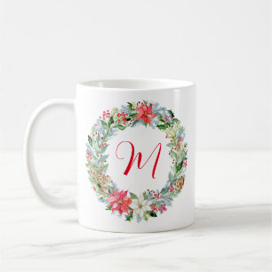 Watercolor Poinsettia Christmas Wreath Monogram Coffee Mug
